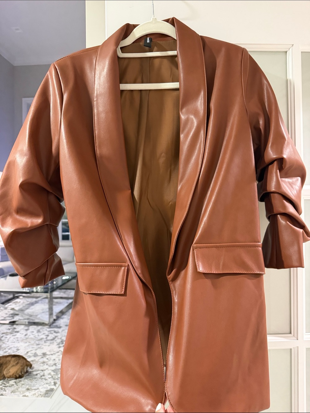 Women's Faux Leather Open-Front Blazer in Cognac Brown. Size Large